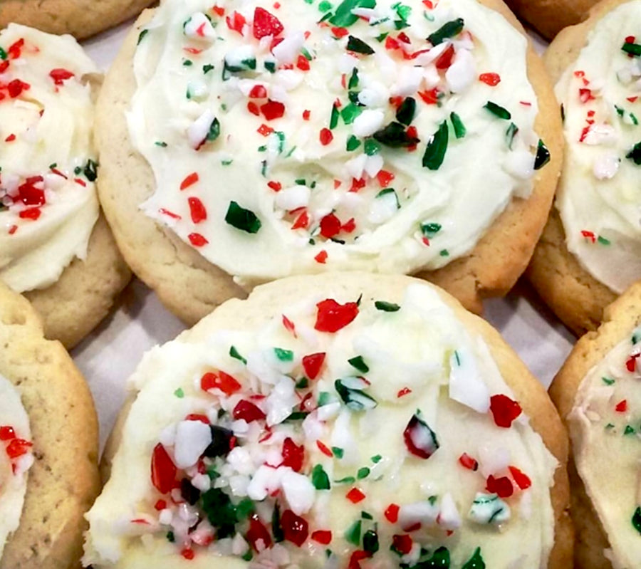 6 Large Peppermint Sugar Cookies with Cream Cheese Frosting and Candy Cane Sprinkles