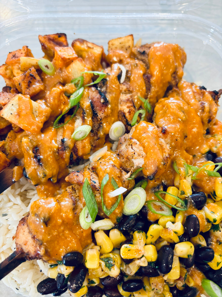 Grilled Peri Peri Chicken Skewers with Roasted Corn, Black Beans & Sweet Potato over Rice (Available Wed Jan 28th)